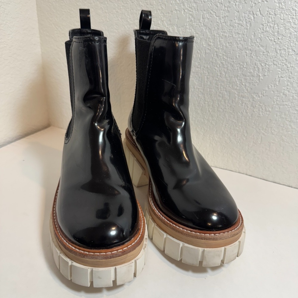 Gianni Bini Black Patent Chunky Lug Sole Chelsea Boots